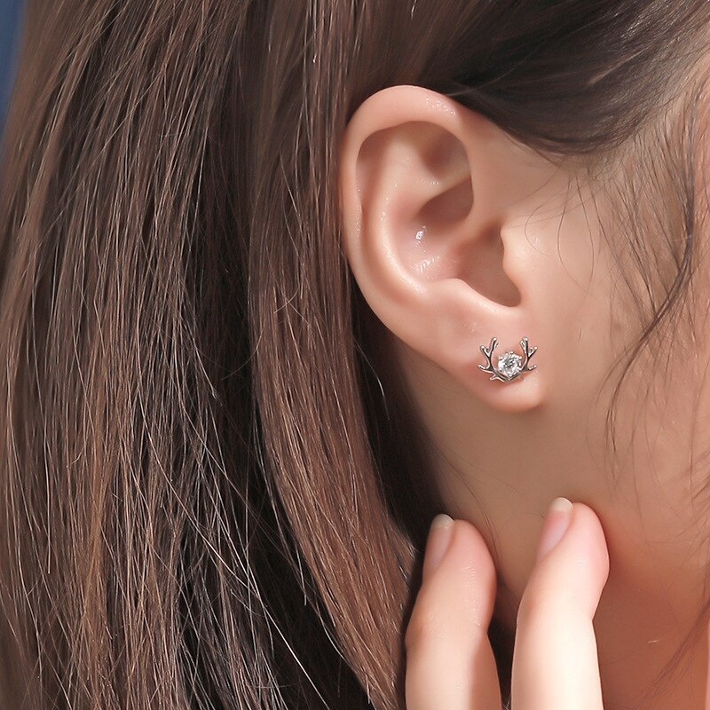 S925 Sterling Silver Stud Earrings Female Accessories Korean Style Rhinestone Zircon Elk Silver Earrings
