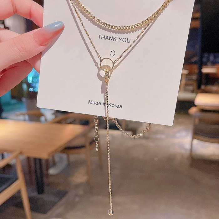 Double Ring Circle Tassel Long Titanium Steel Necklace Women's Double Layer Overlay Clavicle Chain