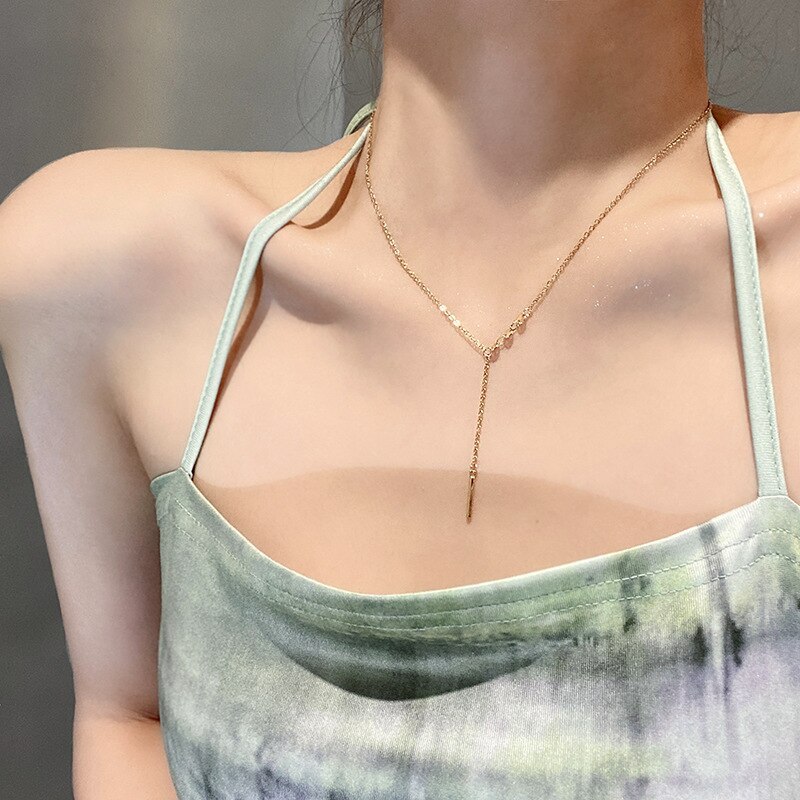 INS Trendy Super Fairy Simple Titanium Steel Necklace Female Tassel Pendant Design Sense Geometric Clavicle Chain
