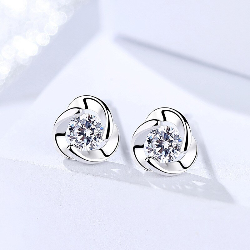 S925 Sterling Silver Earrings Korean Style Elegant Zircon-Encrusted Stud Earrings Twisted Flower Earrings Female Christmas Gift