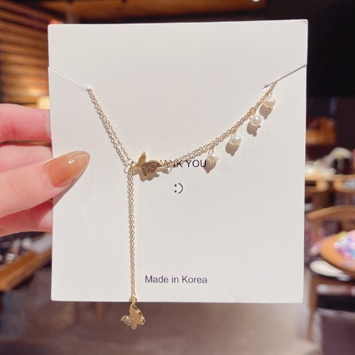 New Elegant Titanium Steel Micro-Inlaid Butterfly Necklace Pearl Chain Design Sense Internet Celebrity Same Style Clavicle Chain