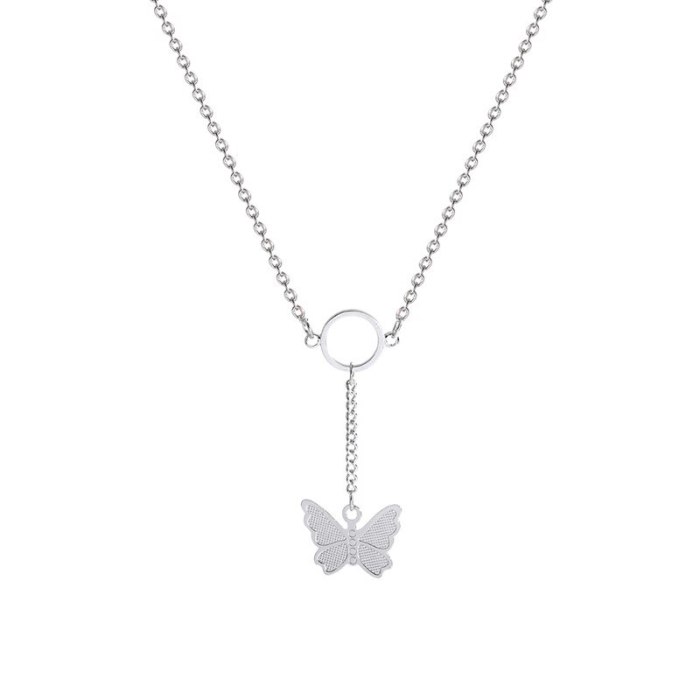 INS Design Silver Butterfly Tassel Clavicle Chain Simple Graceful Fashion Special-Interest Titanium Steel Necklace