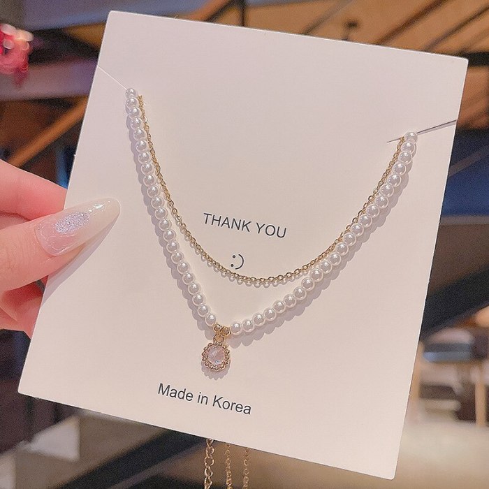 Double-Layer Titanium Steel Pearl Necklace Zircon Pendant Niche Temperament Internet Celebrity Same Style Clavicle Chain