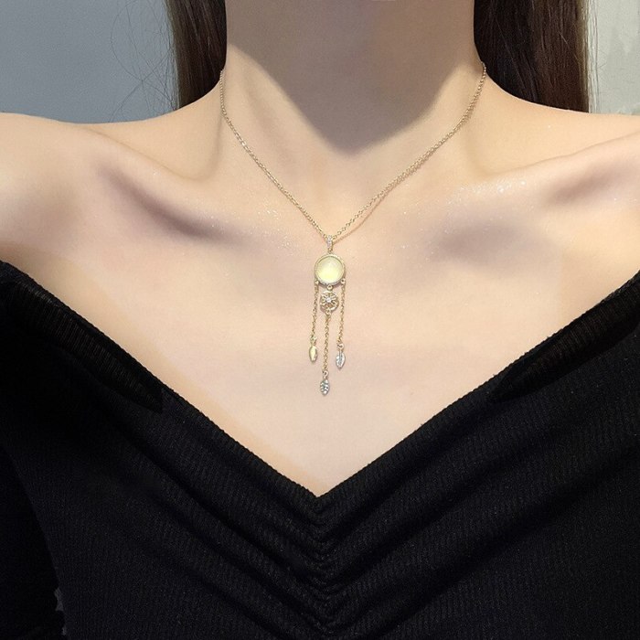 Ethereal Design Titanium Steel Necklace Female Opal Tassel Long Clavicle Chain Ins Popular Net Red Same Money Ornament