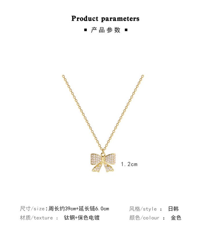 Korean Style Micro Inlaid Zircon Bow Necklace Internet Celebrity Same Style Ins Fashion Fashion Titanium Steel Clavicle Chain