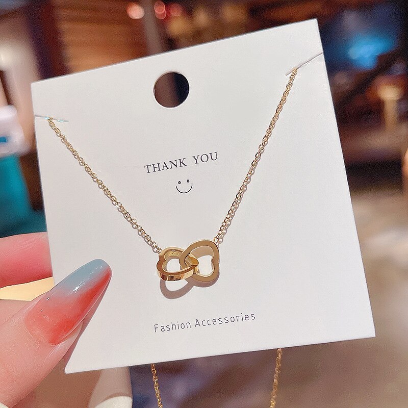 Korean Style New Double Ring Love Titanium Steel Necklace for Women Summer Simple Personality Temperament Clavicle Chain Pendant