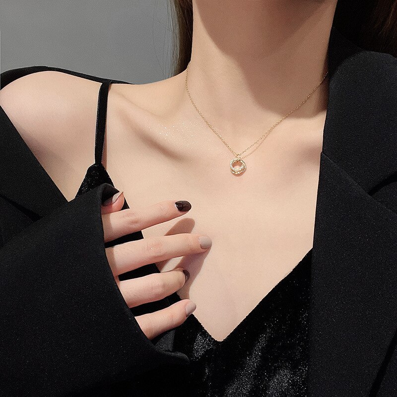 2021 Design Sense Double Circle Titanium Steel Necklace Net Red Same Style Graceful and Fashionable Clavicle Chain