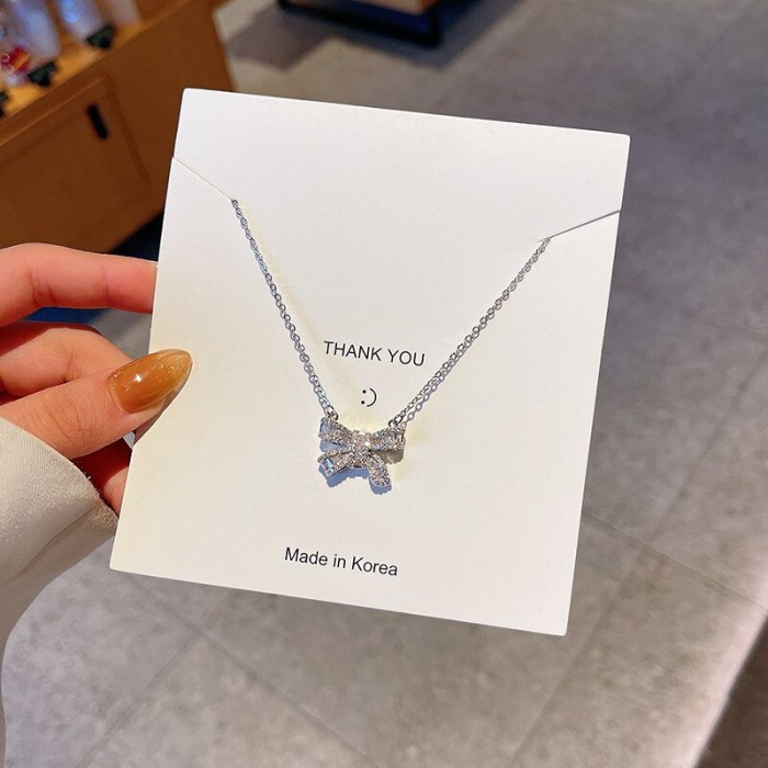 Korean Style Fashion New Bow Zircon Pendant Titanium Steel Necklace for Women New Internet Celebrity Same Style Clavicle Chain