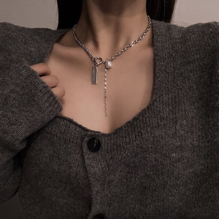 New Trendy Pearl Pendant Chain Sequined Titanium Steel Necklace Ins Cold Style Ins Hip Hop Clavicle Chain