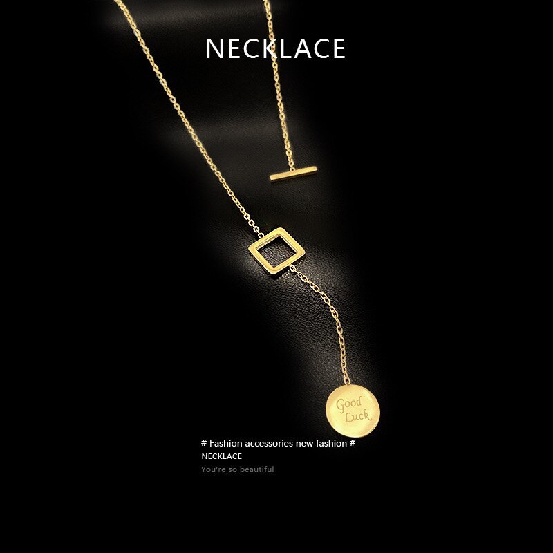 Korean Necklace Fashion Titanium Steel 18K Gold Plating Necklace round Plate Pendant Lettering Temperament Clavicle Chain