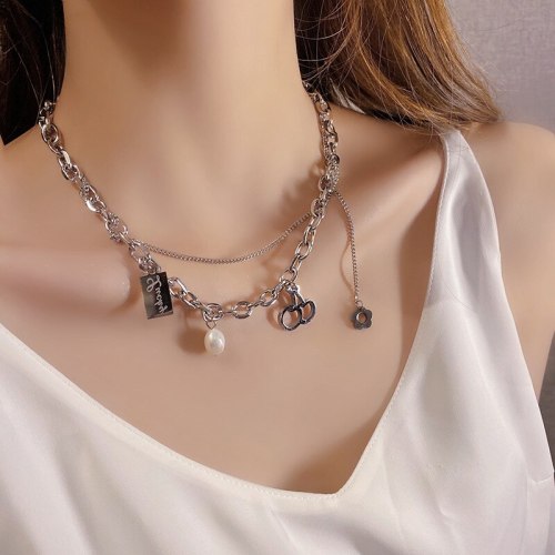 Titanium Steel Double-Layer Cherry Pearl Necklace Female Summer Ins Popular Net Red Design Sense Hip Hop Style Clavicle Chain