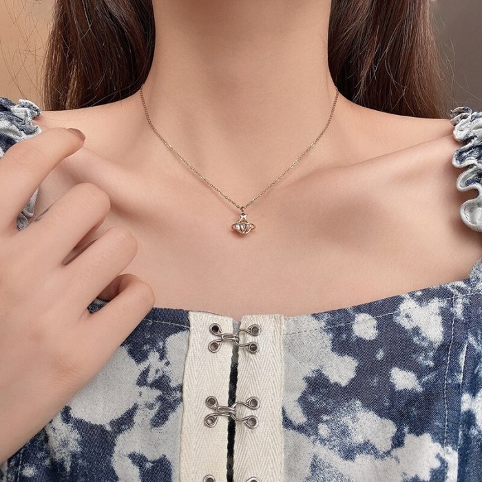 High Sense Fashion Korean Personality Planet Crystal Pendant Necklace Female Graceful Titanium Steel Clavicle Chain Neck Chain