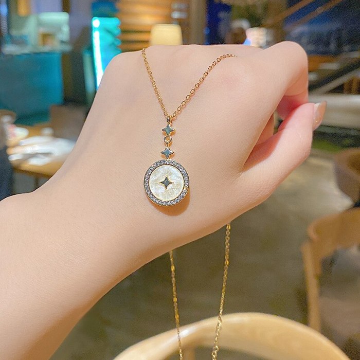 White Female Shell round Hexagram Necklace Female Fashion Ins Simple Refined Titanium Steel Clavicle Chain Hot Selling Necklace
