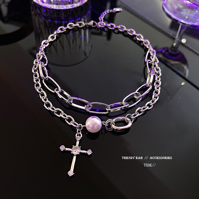 2021 New Double-Layer Cross Necklace Elegant Personality Ins Clavicle Chain Pendant