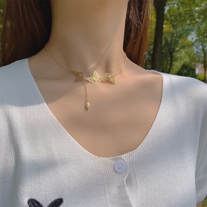 Cold Style Clavicle Chain Niche Design Titanium Steel Simple Grace Personality Net Red Butterfly Necklace for Women