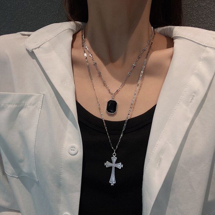 Double-Layer Long Cross Sweater Chain Women's European Retro Clavicle Chain Fashionable All-Matching Ins Titanium Steel Necklace