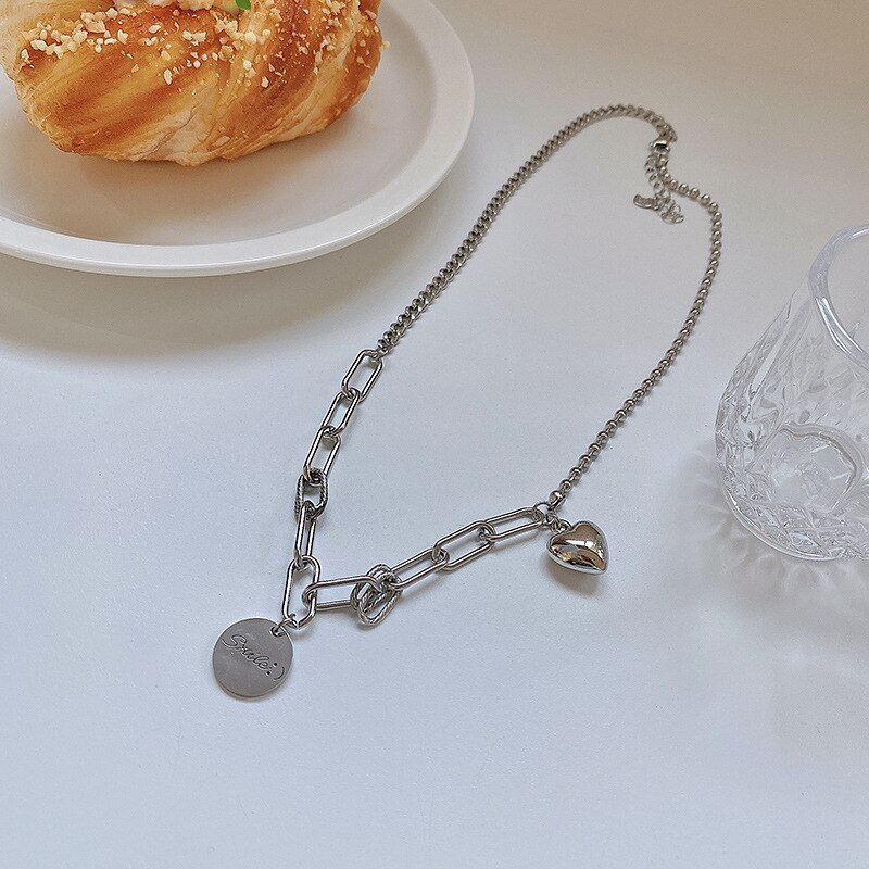 Korean round Pendant Necklace Titanium Steel Personality Temperament Hip Hop Style Niche Design Sense Clavicle Chain