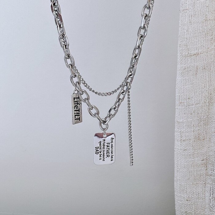 Autumn Winter Letters Square Plate Double-Layer Necklace Clavicle Chain Retro Elegant Hip Hop Style Ins Fashion Sweater Chain