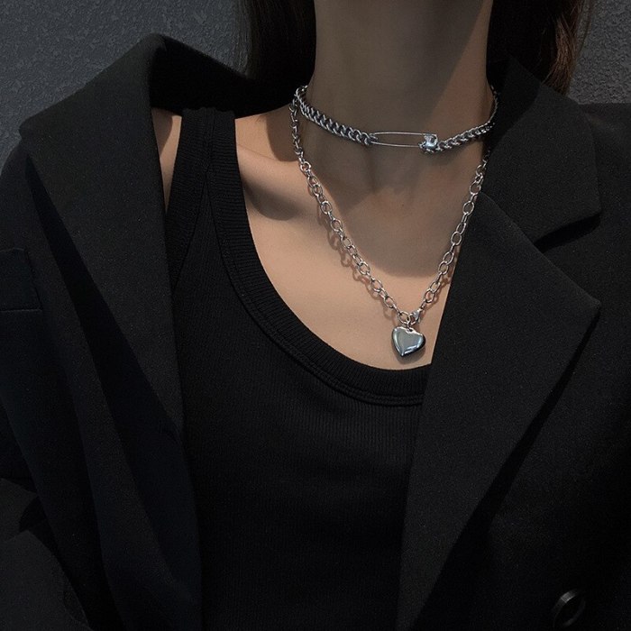 Women's Korean-Style Double-Layer Titanium Steel Heart Necklace Clavicle Chain Trendy Ins Hip Hop Sweater Sweater Chain