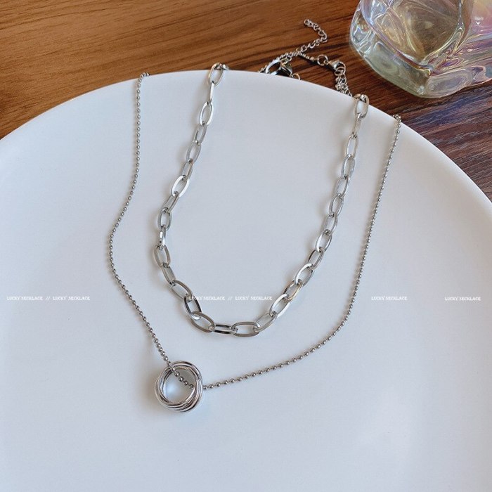 Titanium Steel European and American Double-Layer Chain Ring Necklace Men and Women Elegant Simple Couple Sweater Chain