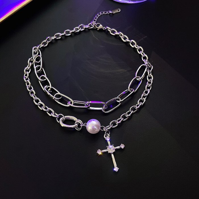2021 New Double-Layer Cross Necklace Elegant Personality Ins Clavicle Chain Pendant