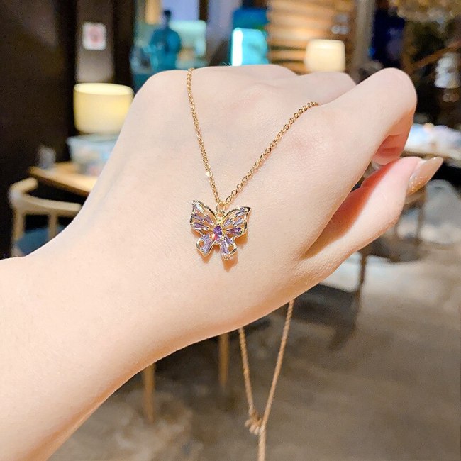 New Titanium Steel Butterfly Necklace Fashion Personality Purple Zircon Exquisite Super Flash Net Red Same Style Clavicle Chain