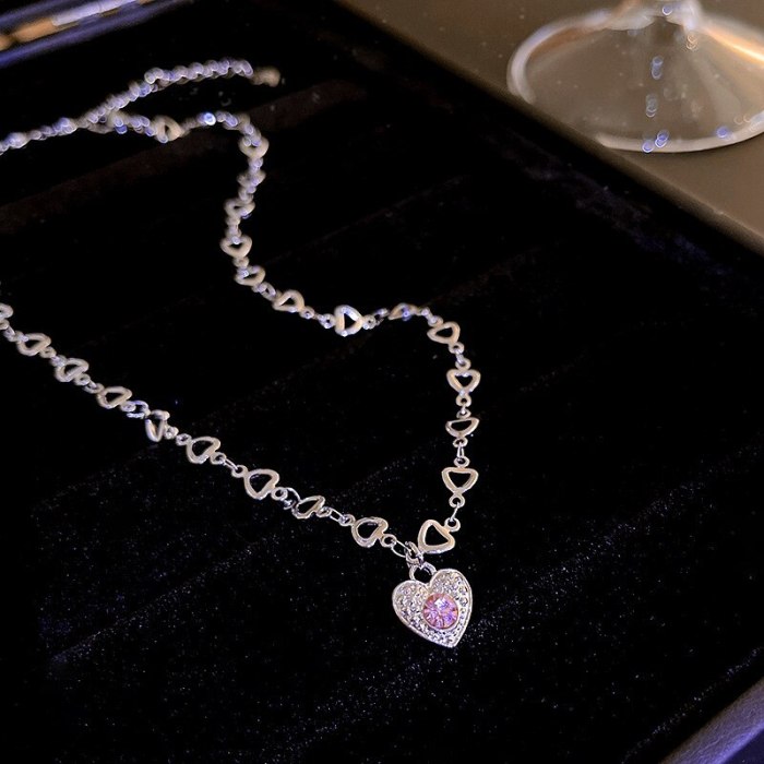New Heart Chain Pink Diamond Love Titanium Steel Necklace Internet Celebrity Same Style Temperament Clavicle Chain