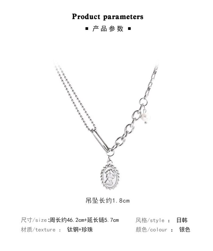 INS Trendy Korean Style Sense of Design Asymmetric Pearl Human Head Titanium Steel Necklace Fashion Temperament Clavicle Chain