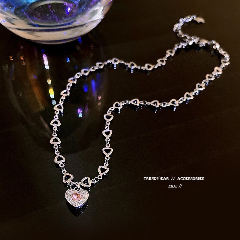 New Heart Chain Pink Diamond Love Titanium Steel Necklace Internet Celebrity Same Style Temperament Clavicle Chain