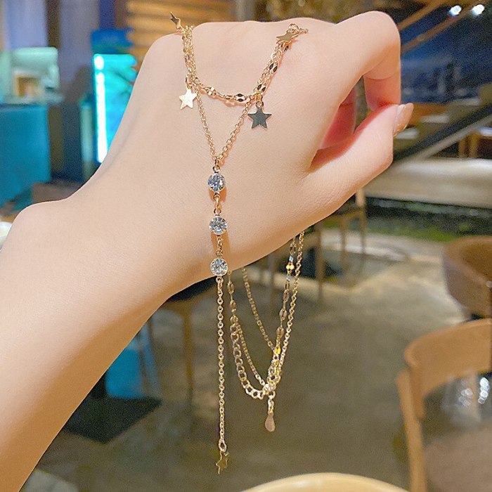 Titanium Steel Double-Layer Pentagram Zircon Tassel Necklace Female Popular Net Red Ins Niche Design Clavicle Chain