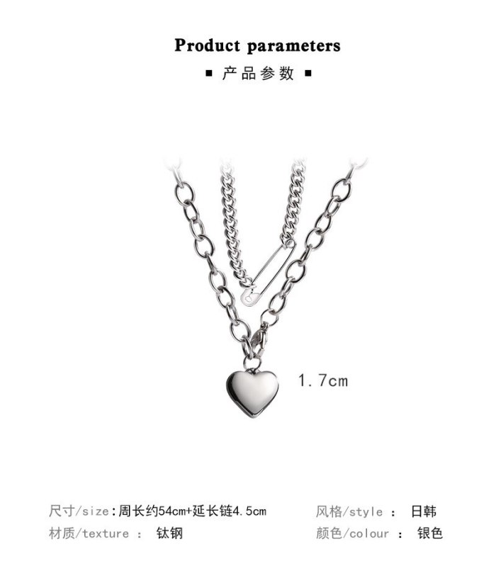 Women's Korean-Style Double-Layer Titanium Steel Heart Necklace Clavicle Chain Trendy Ins Hip Hop Sweater Sweater Chain