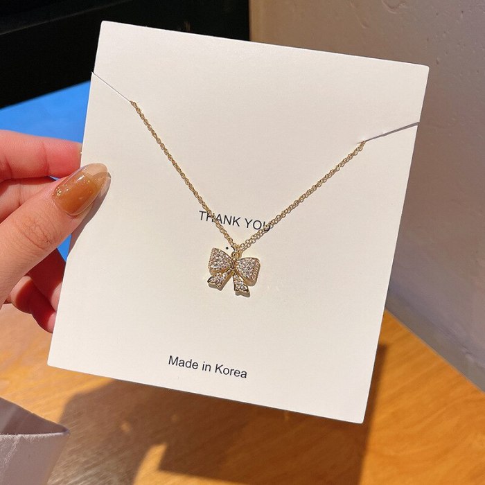 Bowknot Micro Zircon-Inlaid Pendant Necklace Female Titanium Steel Graceful Online Influencer Same Style Clavicle Chain Necklace
