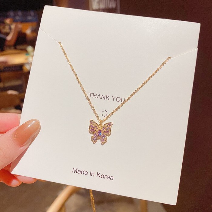 New Titanium Steel Butterfly Necklace Fashion Personality Purple Zircon Exquisite Super Flash Net Red Same Style Clavicle Chain