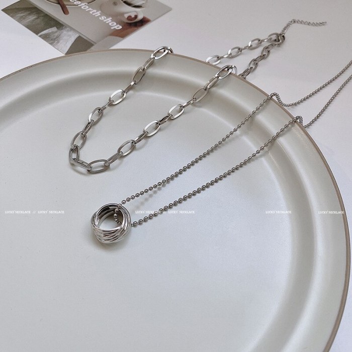 Titanium Steel European and American Double-Layer Chain Ring Necklace Men and Women Elegant Simple Couple Sweater Chain