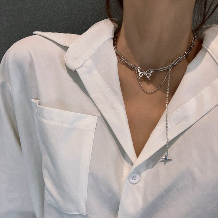 Vintage Titanium Steel Butterfly Sweater Necklace Female Ins Hip Hop Exaggerated Temperament Tassel Clavicle Chain Sweater Chain