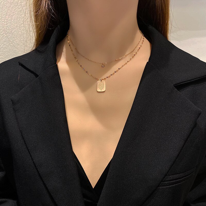 Titanium Steel Plated 18K Necklace Niche Design Double Layer Necklace Letter Tag Clavicle Chain Female Simple Temperament