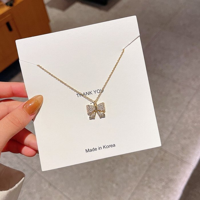 Bowknot Micro Zircon-Inlaid Pendant Necklace Female Titanium Steel Graceful Online Influencer Same Style Clavicle Chain Necklace