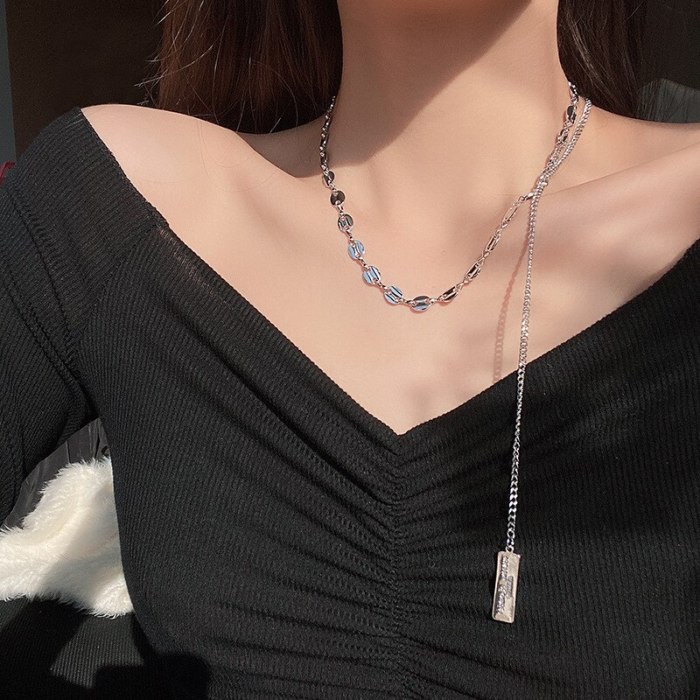 New Short Necklace Women's European and American Square Plate Letter Necklace Ins Hip Hop Cold Style Tassel Clavicle Chain