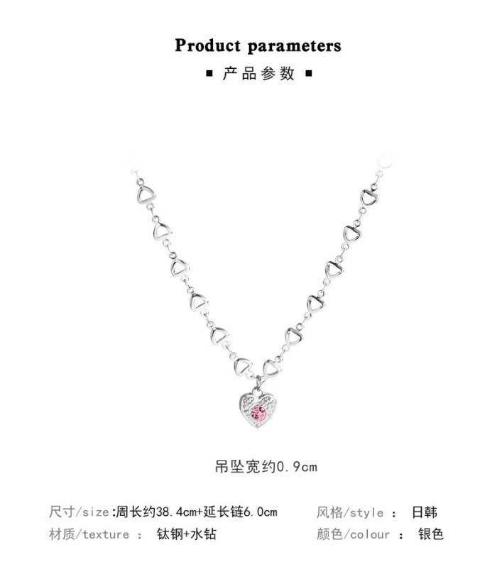 New Heart Chain Pink Diamond Love Titanium Steel Necklace Internet Celebrity Same Style Temperament Clavicle Chain