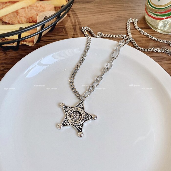 European Retro Five-Pointed Star Necklace Male and Female Trendy Student Personality Pendant Ins Hip Hop All-Match Sweater Chain