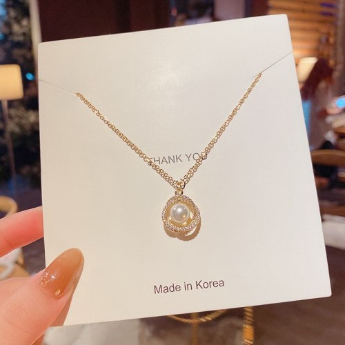 Korean Style Personalized Titanium Steel Necklace Fashion Dignified Hollow Bird's Nest Bright Pearl Pendant High Sense Necklace