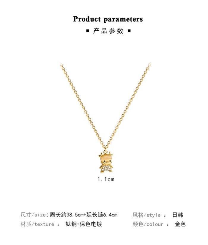 Year of the OX Design Titanium Steel Necklace Female Chinese Zodiac Calf Zircon Pendant Temperament Clavicle Chain