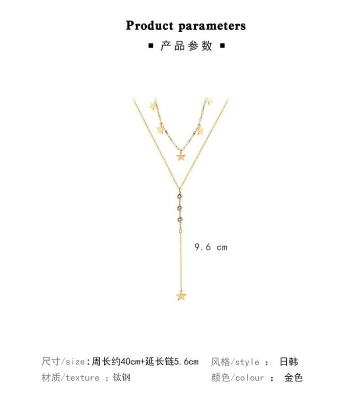 Titanium Steel Double-Layer Pentagram Zircon Tassel Necklace Female Popular Net Red Ins Niche Design Clavicle Chain