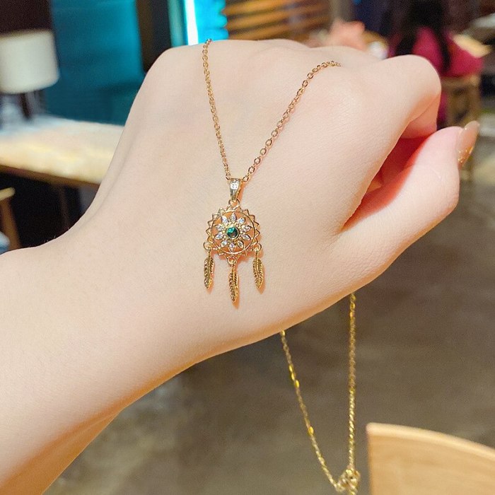 Green Zircon Mesh Pendant Necklace Female Titanium Steel High-Grade Clavicle Chain Personalized Cold Style Necklace Ins Ornament