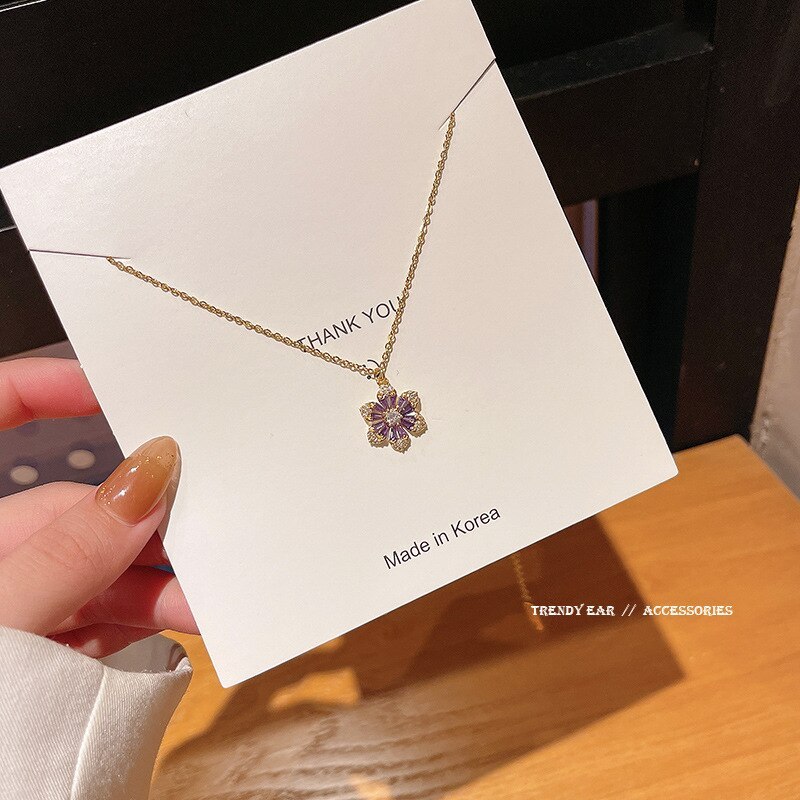 New Korean Style Purple Zircon Little Flower Pendant Titanium Steel Necklace Female Popular Net Red Same Style Clavicle Chain