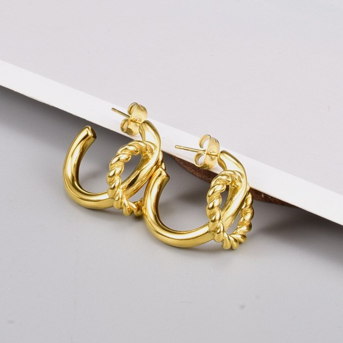 E56 Earrings Wholesale Japanese and Korean Style Simple Personalized Twist Double Wire Titanium Steel 18K Gold Stud Earrings