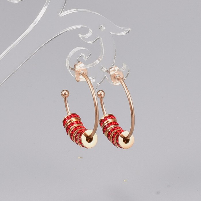 C- Shaped Stud Earrings Titanium Steel 18K Rose Gold Simple Red Diamond Circle Fashion Titanium Steel Earrings