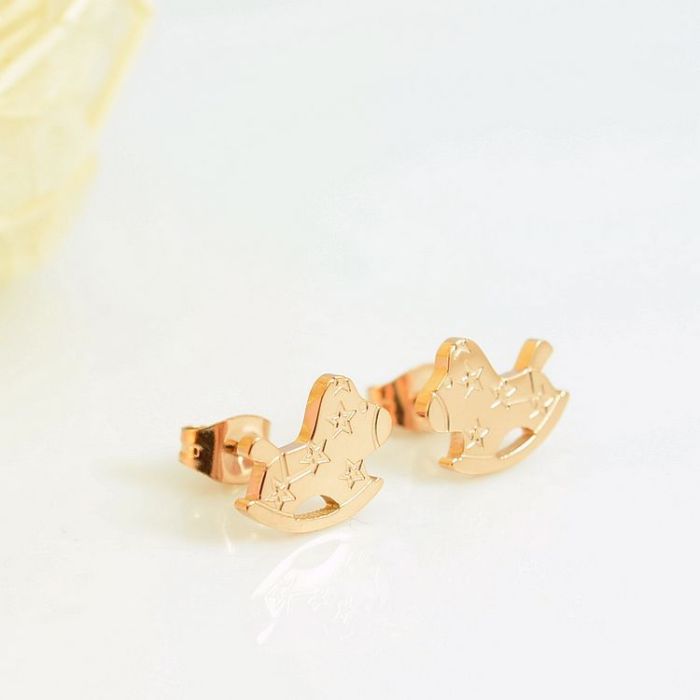 E88 Korean Style Small Wooden Horse Stud Earrings Titanium Steel Plated K Rose Gold Titanium Steel Earrings Korean Earrings