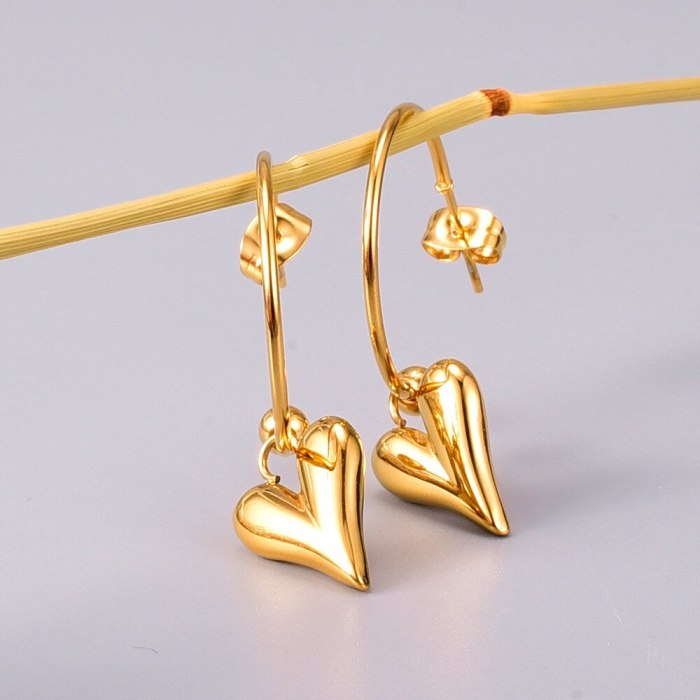 E55 Japanese Peach Heart Three-Dimensional Solid Love Eardrop Earring Titanium Steel 18K Gold Plating