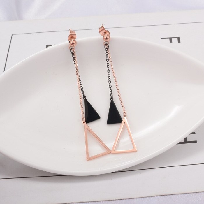 E83 New Style Style Steel Ball Hanging Black Triangle Hollow Triangle Long Stud Earrings Women's Titanium Steel Rose Gold